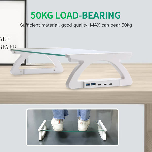 iDock Tempered Glass Smart Computer Monitor and Laptop Riser Stand with Phone Holder with USB Hub
