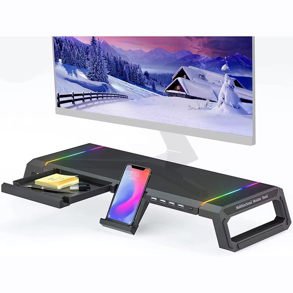 iDock Home Office Desktop Foldable Gaming Lights Computer RGB Monitor Riser Stand with USB HUB and Drawer